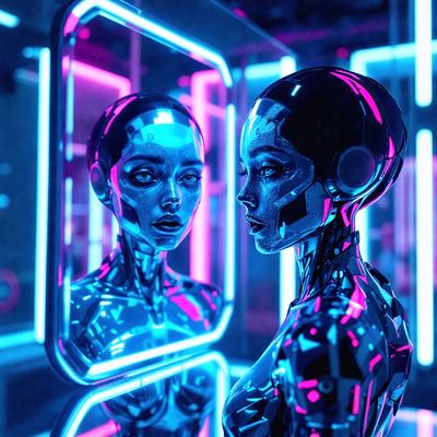 The primary subject of the image is a futuristic robotic woman with a reflective surface. She is standing in front of a mirror, which reflects her image. The setting is a neon-lit room, creating a vibrant and futuristic atmosphere. The visual style is a combination of digital art and illustration, giving the image a unique and captivating appearance. The dominant colors are pink, blue, and purple, which contribute to the overall mood of the scene.